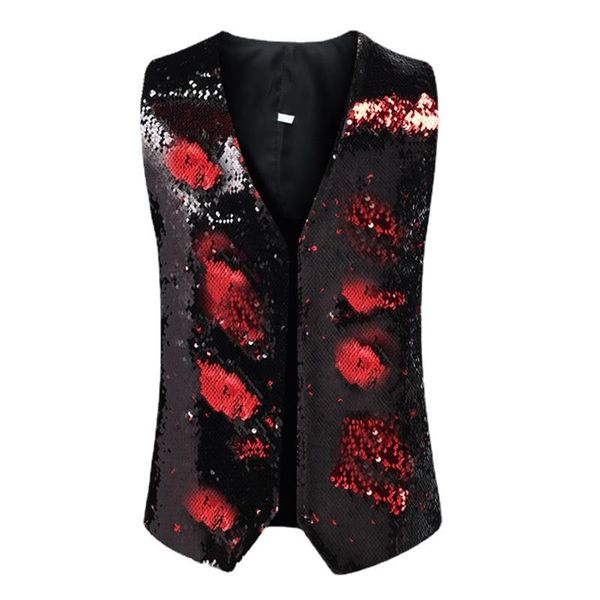 

men's vests gradient sequin performance vest v neck shiny double-sided color cardigan waistcoat stage dj party disco jacket, Black;white
