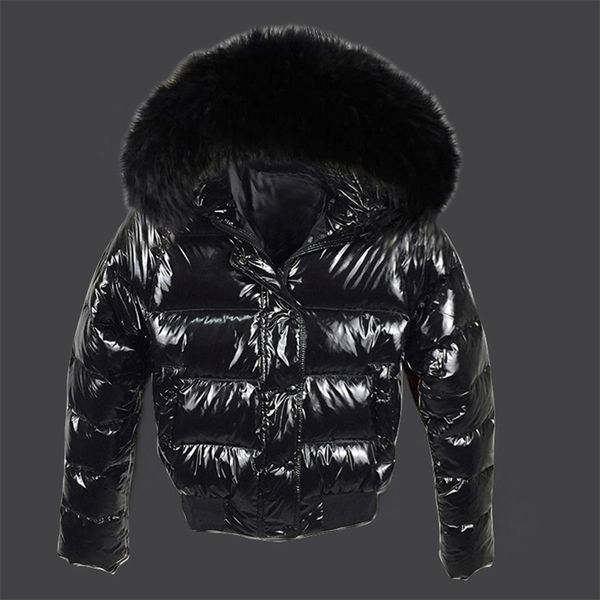 

brand fashion black women's winter jacket big fur waterproof coat female parkas glossy jacket short outwear 211013