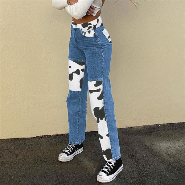 

style casual trousers denim cow women capri print patchwork high waist straight leg jeans for s  l xl, Black;white