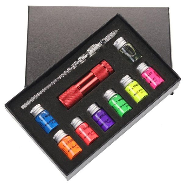 

10pcs/set invisible fluorescence bottled dip signature pen ink with glass fountain dip writing pen art supplies gifts