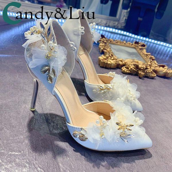 

sandals wedding luxury designs custom satin silk pointed toe high heels white lace flowers crystal pearls lady party pumps, Black