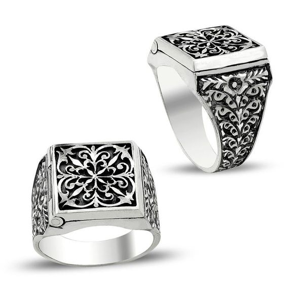 

cluster rings mens handmade silver lockets square ring vintage men ottoman style gift made in turkey solid 925 sterling, Golden;silver