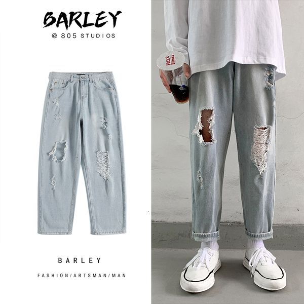 

2021 new largas dos luz azul buraco para homens hip hop em linha reta rasgado calas de brim moda lsve, Blue