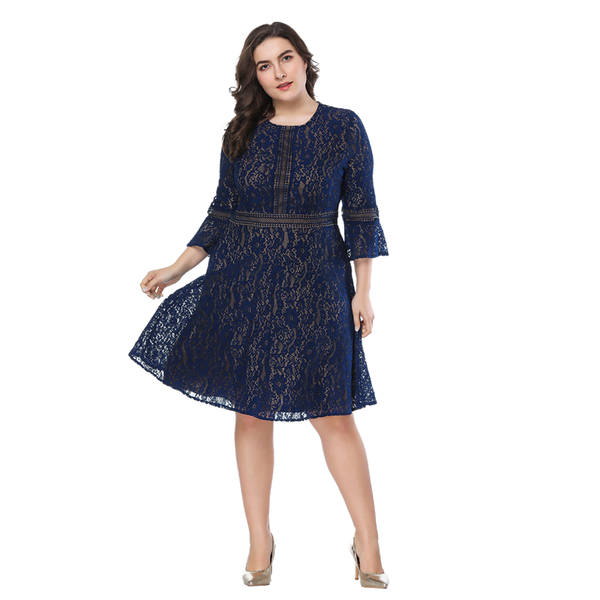 

plus size dresses autumn elegant women lace o-neck long sleeve dress fashion female clothes office lady 5xl, Black