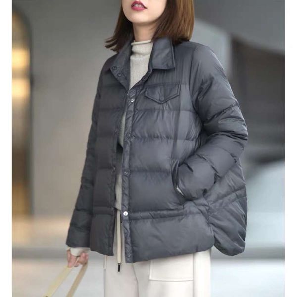 

kongmy fashion casual loose thin warm white duck down shirt collar jacket female, Black
