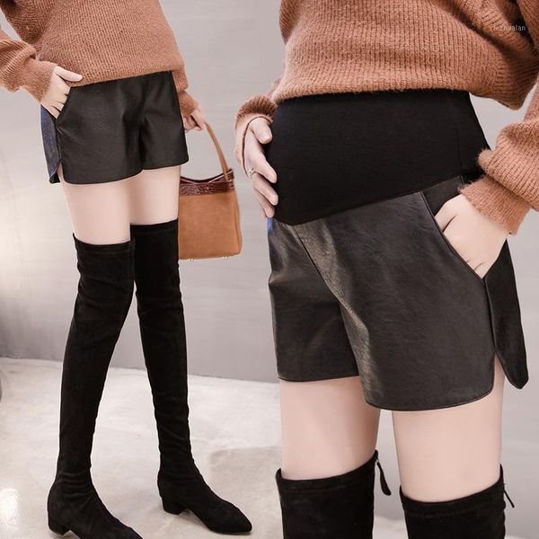 

maternity bottoms 2021 black pu shorts auutmn winter fashion for pregnant women adjustable belly wide leg loose pregnancy1, White