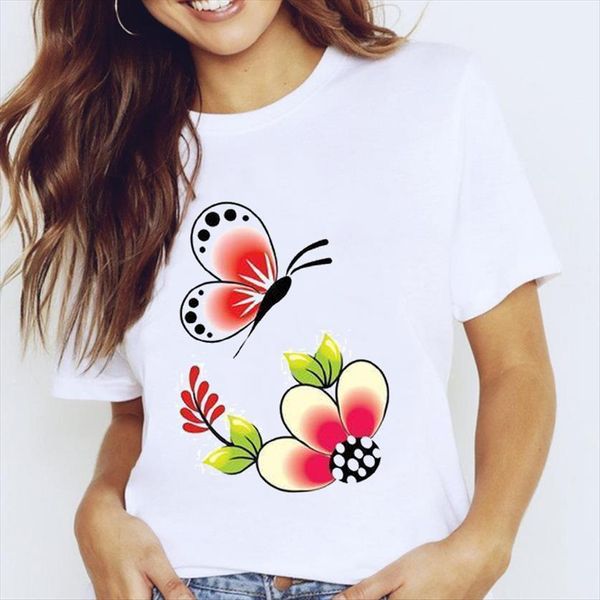 

graphic butterfly cute floral women t shirt summer short sleeve spring 90s clothes tees print female, White