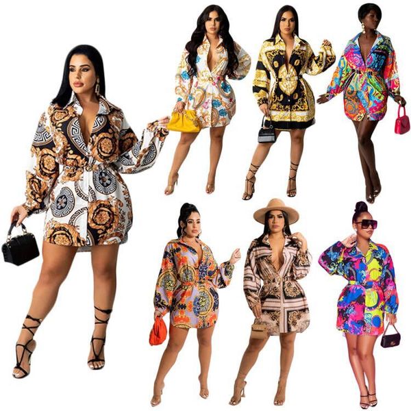 

fashion women mini casual dresses club elegant casual printed shirt-dress with belt beachwear blouse coats female, Black;gray
