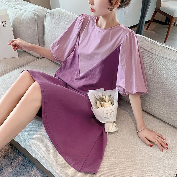 

maternity dresses 2021 summer loose pregnant women dress short lantern sleeve o-neck a-line block color patchwork pregnancy, White