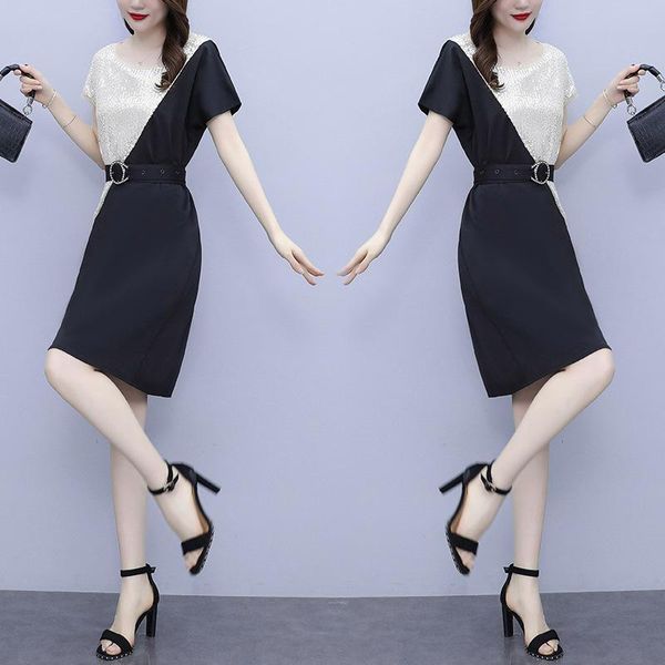 

women's fur & faux large fashion short sleeves your lady's waist is slim stitched dress summer 2021 skirt, Black