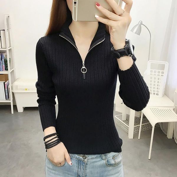 

women's blouses & shirts autumn slim zipper blouse womens half turtleneck base knit long sleeve slim-fit solid color sweater blusas muj, White
