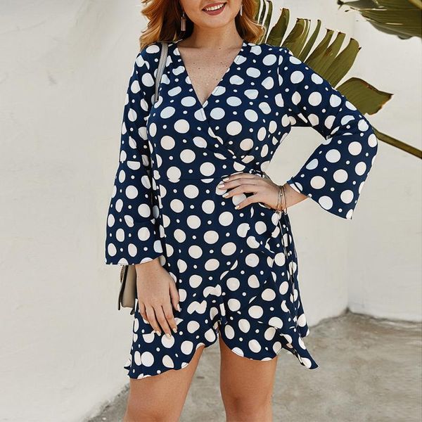 

casual dresses dress women fashion dot print long sleeve v neck ruffled loose plus size elegant mini party vestidos robe, Black;gray