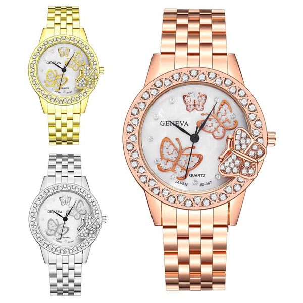 

wristwatches luxurious diamond steel strip ms quartz analog watch 3d butterfly women watches relogio feminino, Slivery;brown