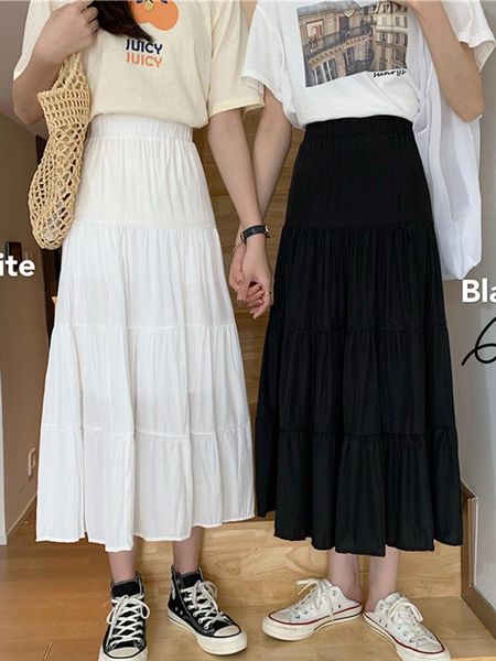 

skirts woman elegant frill trim chiffonskirt summer womens 2021 elastic high waist solid casual midi skirt, Black