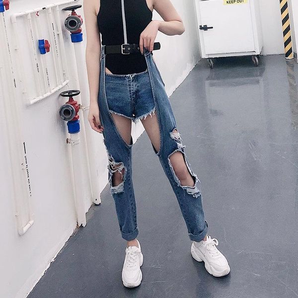 

women's jeans summer women clothes streetwear hole through hollow high waist female personality casual straight pants t88, Blue