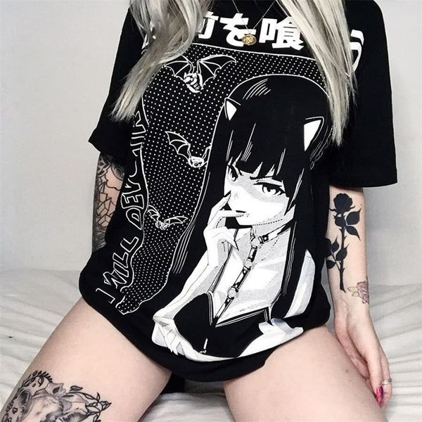

anime cartoon printed long t-shirt female dark black harajuku women girls gothic punk rock streetwear loose t shirts tees 210315, White