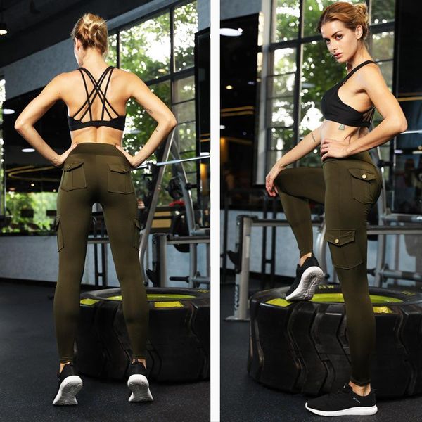 

solid army green yoga pants with pockets sport leggings fitness women trousers gym clothes training running compression tights, White;red