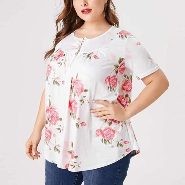 

women's blouses & shirts 40# floral print oversized blouse women short sleeves o-neck plus size vintage basic elegant clothing 2021 bl, White