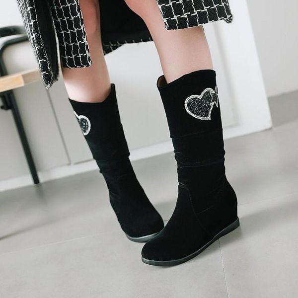 

boots oversized shoes 11 12 13 ladies round head flat with fashion casual warm water drill in the tube high ankle, Black
