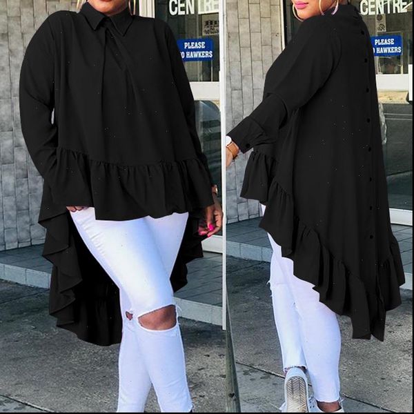 

women blouses oversized ruffles long shirts celmia fashion sleeve laple casual asymmetrical tunic buttons blusas, White