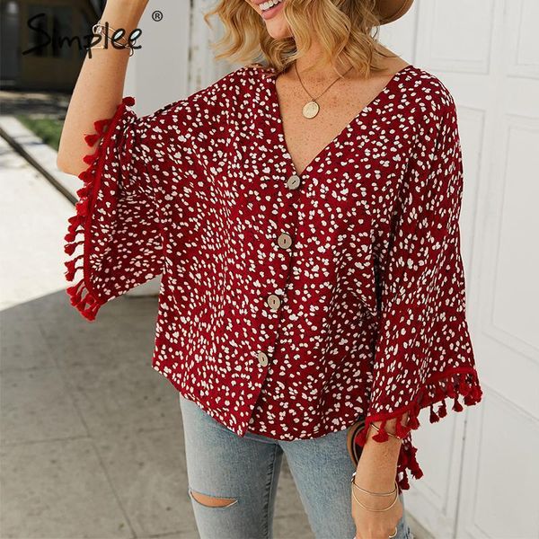 

simplee v neck bohemian button blouse shirt women flare sleeve casual streetwear female blouse shirt casual autumn tassel, White