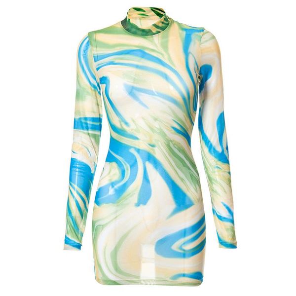 

casual dresses women see-through mesh dress, adults color block abstract print round neck long sleeve, Black;gray