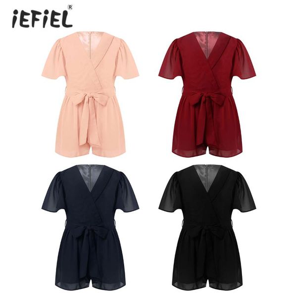 

kids girls jumpsuit summer fashion chiffon solid color v neck ruffle short sleeve romper jumpsuit shorts bodysuit outfit 4-12y, Blue