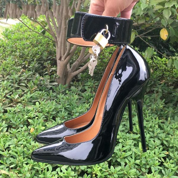 

big size 48 women high heels 12cm ankle strap padlock stilettos fetish cross dresser gay homosexual sm cosplay shoes, Black