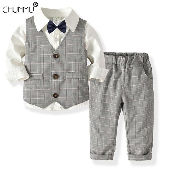 

children's clothing gentleman suit toddler boy autumn long-sleeved t-shirt + waistcoat+ pants + bow tie 4 pcs birthday outfit, White