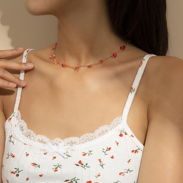 

chokers korea lovely red flowers charm choker necklace for women dainty aesthetic boho statement collier femme fashion summer jewelry, Golden;silver