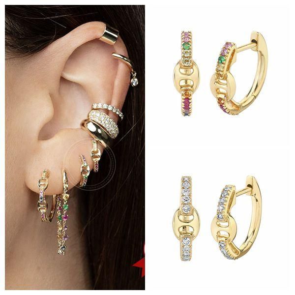 

hoop & huggie 925 silver ear buckle gold u-shaped pave rainbow crystal earrings for women light luxury party fashion wedding jewelry, Golden;silver