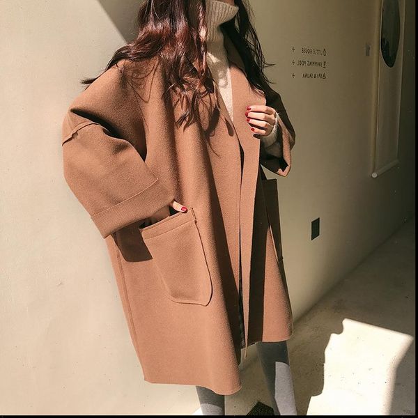 

oversize coat female 2021 autumn women coat long style pocket womans brown woolen coat ladies casual loose black