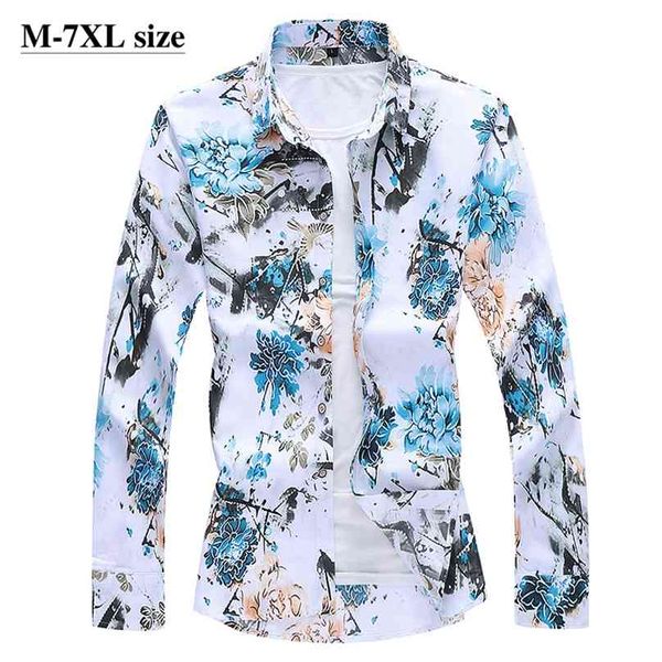 Camicia a fiori a maniche lunghe da uomo autunno Stampa in stile cinese Moda business Camicie casual slim fit Taglie forti 5XL 6XL 7XL 210626