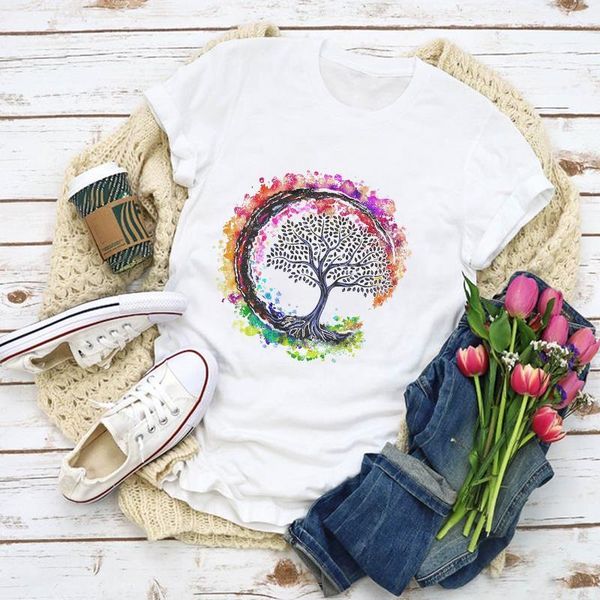 

women graphic watercolor tree cute 90s fashion print summer shirt lady clothes t-shirt womens clothing tee female t shirt, White