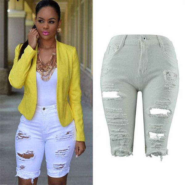 

women's pants & capris adogirl multi-holes scratches women jeans skinny straight plus size denim button flyer summer short trousers, Black;white