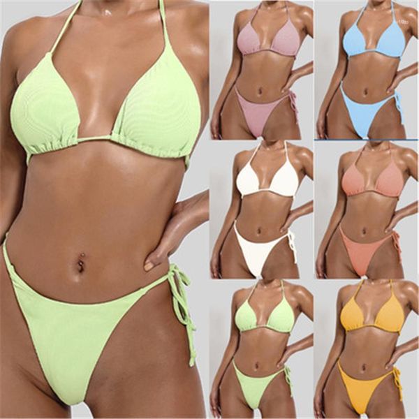 

trend gather chest bras briefs split bikini swimsuit summer female beach triangle bikini womens solid colors three-point swimwear fashion, White;black