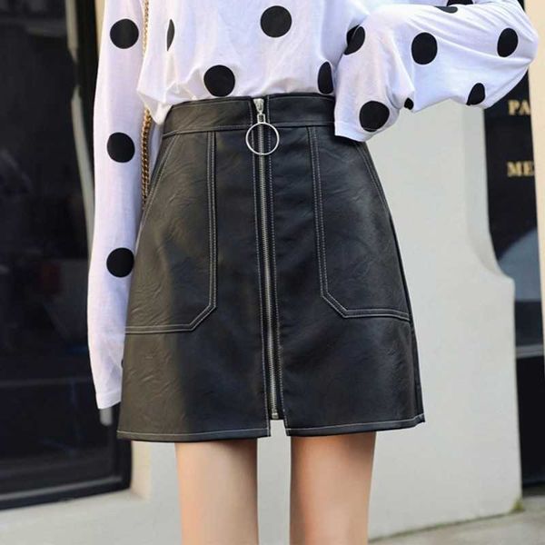 

solid color imitation leather skirt black waist zipper front pu women's elegant sheath a -line knee mini 210601