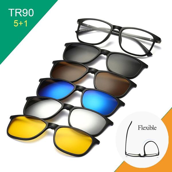 

tr90 bendable clip on sunglasses men magnetic clip sun glasses women magnet optical myopia glasses frame with 5 pcs sunglas, White;black
