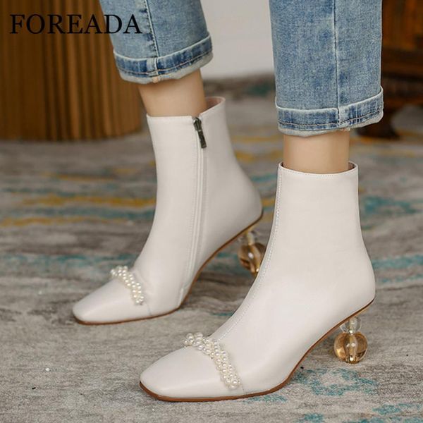 

boots foreada high heel ankle real leather woman zipper strange style shoes string bead square toe ladies short, Black