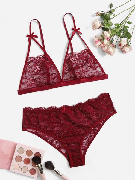 

plus floral lace scallop trim lingerie set w4g9#, Black;white