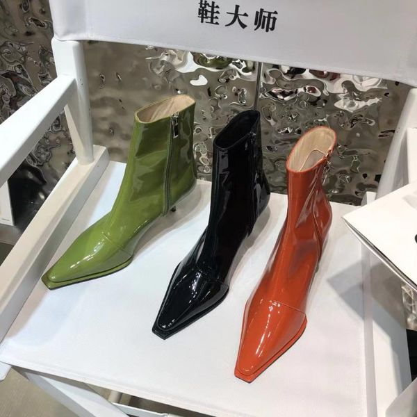 

boots pointed toe women ankle patent leather sock booties stretch shoes thin high heels side zipper black/green/orange 39
