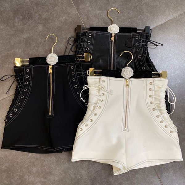 

2021 Recent Autumn Arrivals High Waist Bandage Thin Vintage Zipper Shorts Streetwear Exie, White;black