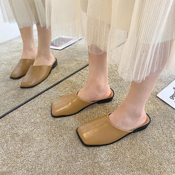 

slippers fashion summer women outdoor solid mule shoes flats heels square toe slides spring elgant flat, Black