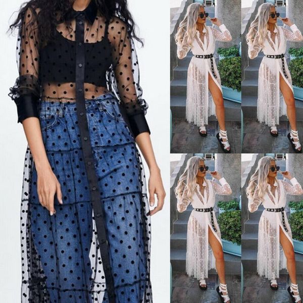 

casual dresses women mesh sheer transparent polka dot lace cover up v neck button down maxi dress see-through party clubwear beach, Black;gray