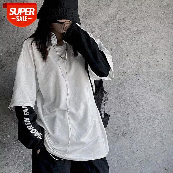 

fake two piece cotton bf Harajuku tshirt preppy long sleeve autumn women tops Korean t-shirt punk tees 2020 new fashion t shrt #zr1p, White