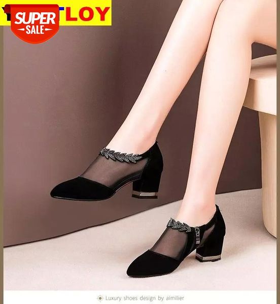 

summer women crystal shoes zip thick high heels pumps woman mesh female slip on platform hollow out ladies party shoes #dh40, Black