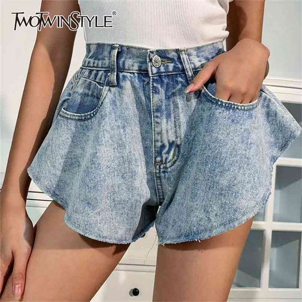 

twotwinstyle casual denim short for women high waist patchwork tassel shorts female summer fashionable clothing style 210714, White;black