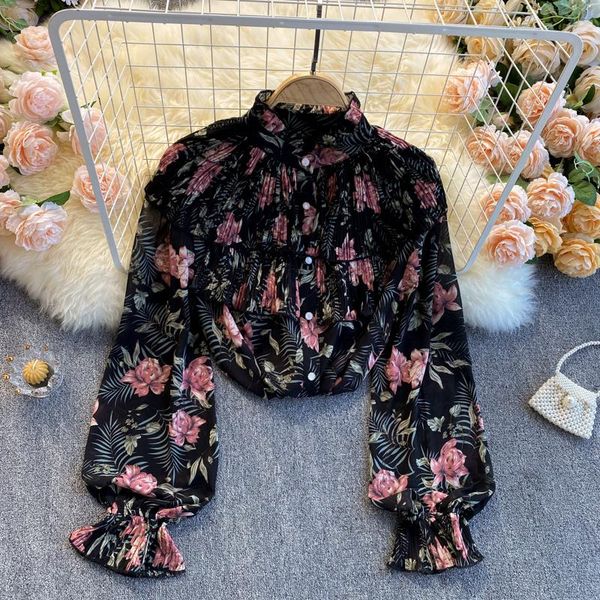 

women's blouses & shirts spring 2021 retro print blouse female wood ear stand collar trumpet sleeve loose and thin blusa temperament sh, White