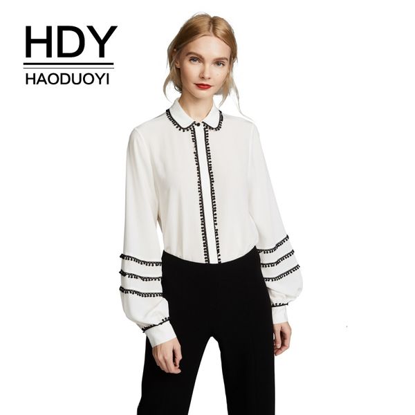 

hdy haoduoyi brand women white sweet shirts lantern sleeve tassel patchwork long sleeve female preppy style blouses lady sh190724