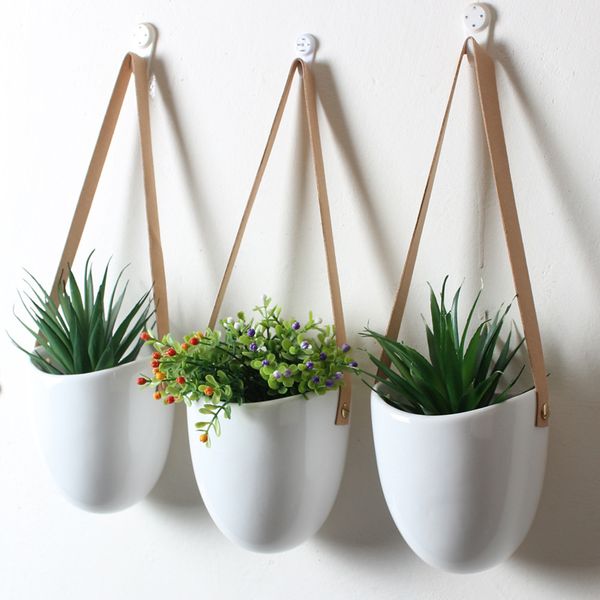 

set of 3 ceramic hanging planters for succulent air plants flower pots with leather strap wall flowerpots home garden decoration